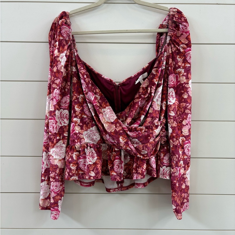 Wayf Burgundy and Pink Floral Draped Long-Sleeve Blouse